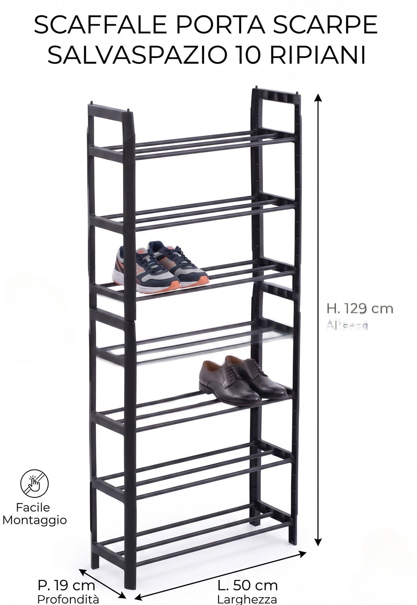 Scarpiera Salvaspazio Slim a 8 Ripiani in Plastica - 50x19x129 cm - Nero