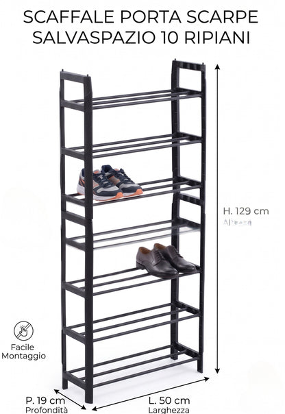 Scarpiera Salvaspazio Slim a 8 Ripiani in Plastica - 50x19x129 cm - Nero