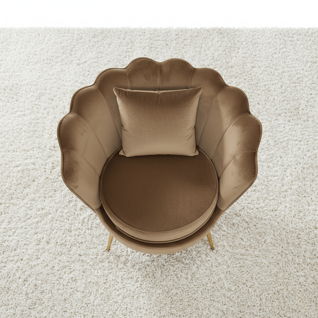 Poltrona a Conchiglia in Velluto Marrone con Cuscino. Gambe in Metallo Dorato. Design Moderno Glamour per Salotto, Camera e Vanity. Seduta Imbottita ed Ergonomica. Misure 70x67x75cm. Stile Vintage Chic.