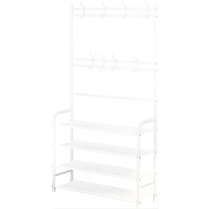 Appendiabiti Multifunzionale con Scarpiera a 4 Ripiani, Portabiti con Ganci, Struttura in Metallo 153cm – Organizer Salvaspazio per Ingresso, Camera, Corridoio