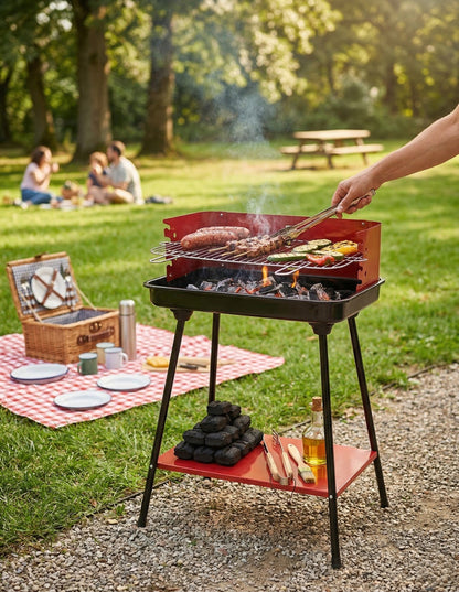 Barbecue Portatile a Carbonella Compatto Rosso con Griglia Regolabile in Altezza