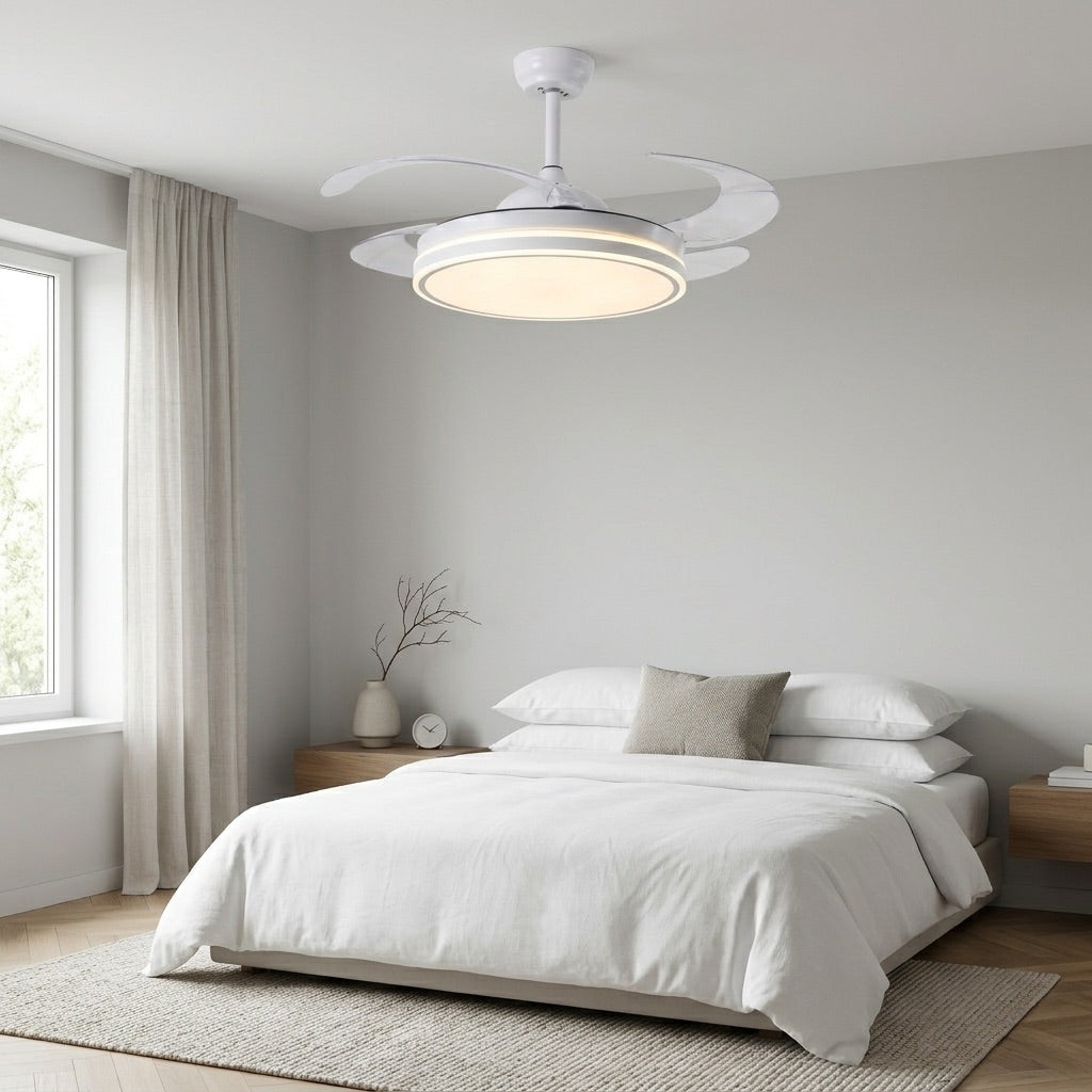 Ventilatore da Soffitto 108 cm con Pale a Scomparsa, Luce LED Dimmerabile e Telecomando - Bianco