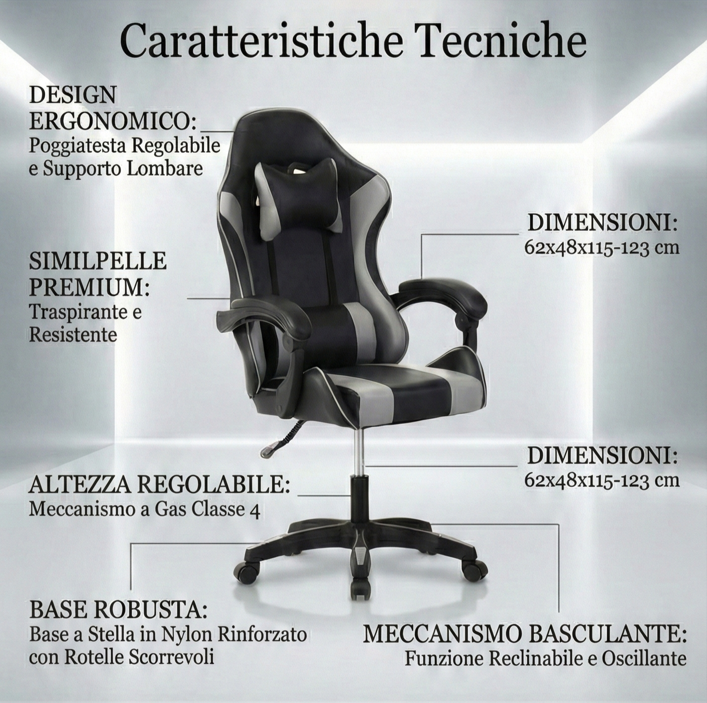 Sedia Gaming Ergonomica Sportiva Grigia e Nera – Poltrona Ufficio Girevole con Poggiatesta e Design Racing