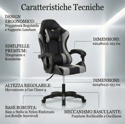 Sedia Gaming Ergonomica Sportiva Grigia e Nera – Poltrona Ufficio Girevole con Poggiatesta e Design Racing