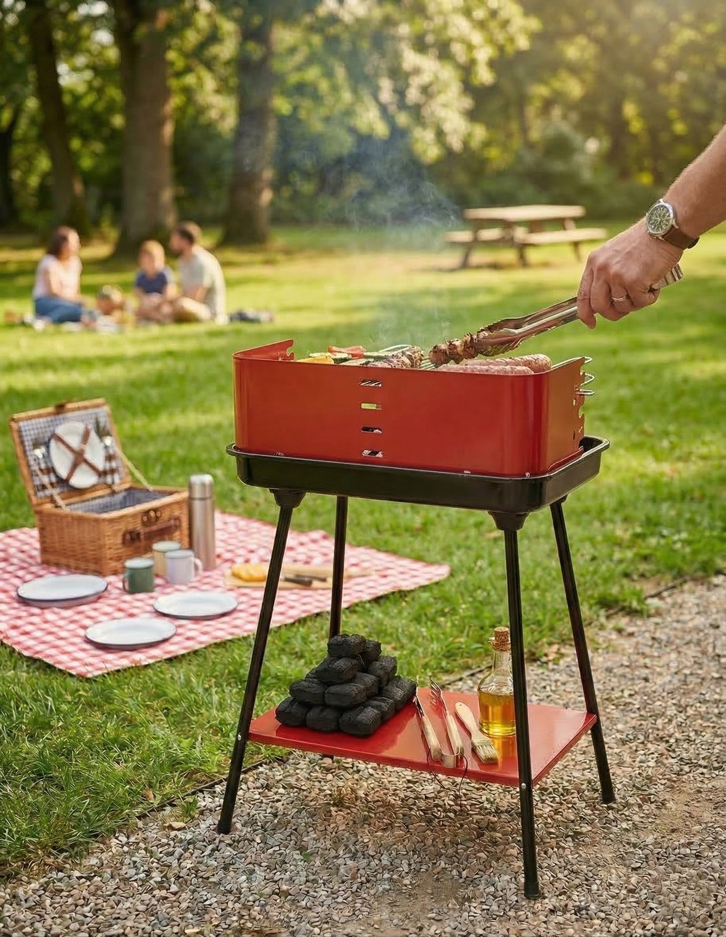 Barbecue Portatile a Carbonella Compatto Rosso con Griglia Regolabile in Altezza