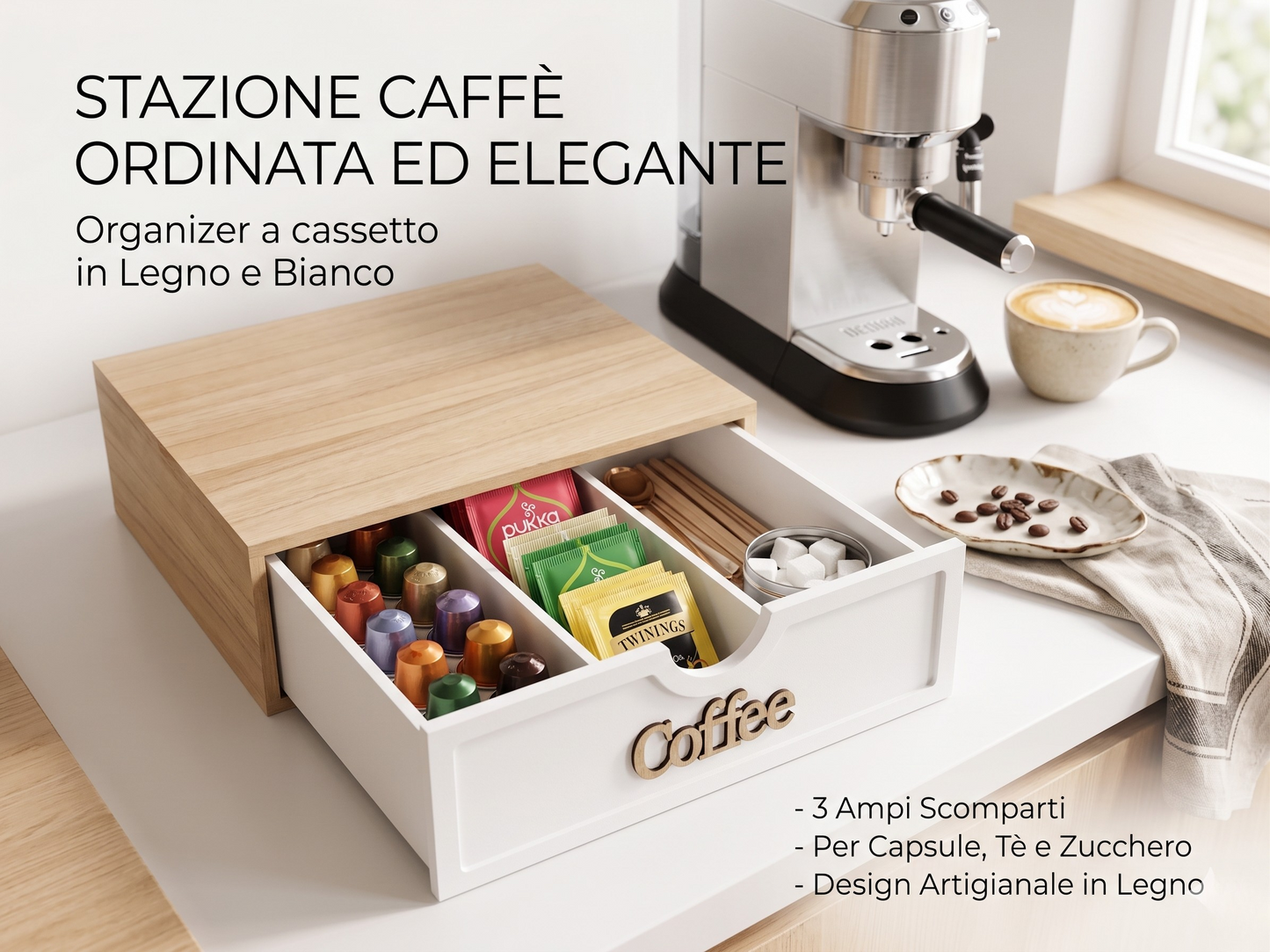 Cassetto Porta Cialde e Capsule in Legno con 3 Scomparti - Base per Macchina da Caffè (30x30x10 cm)