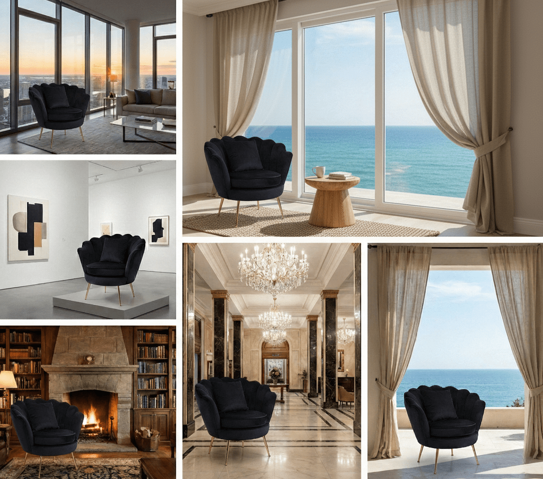 Poltrona Design Conchiglia Velluto Nero + Cuscino. Gambe Metallo Oro. Sedia Imbottita Scalloped Chair per Camera, Angolo Beauty e Salotto. Stile Moderno Vintage. 70x67x75cm