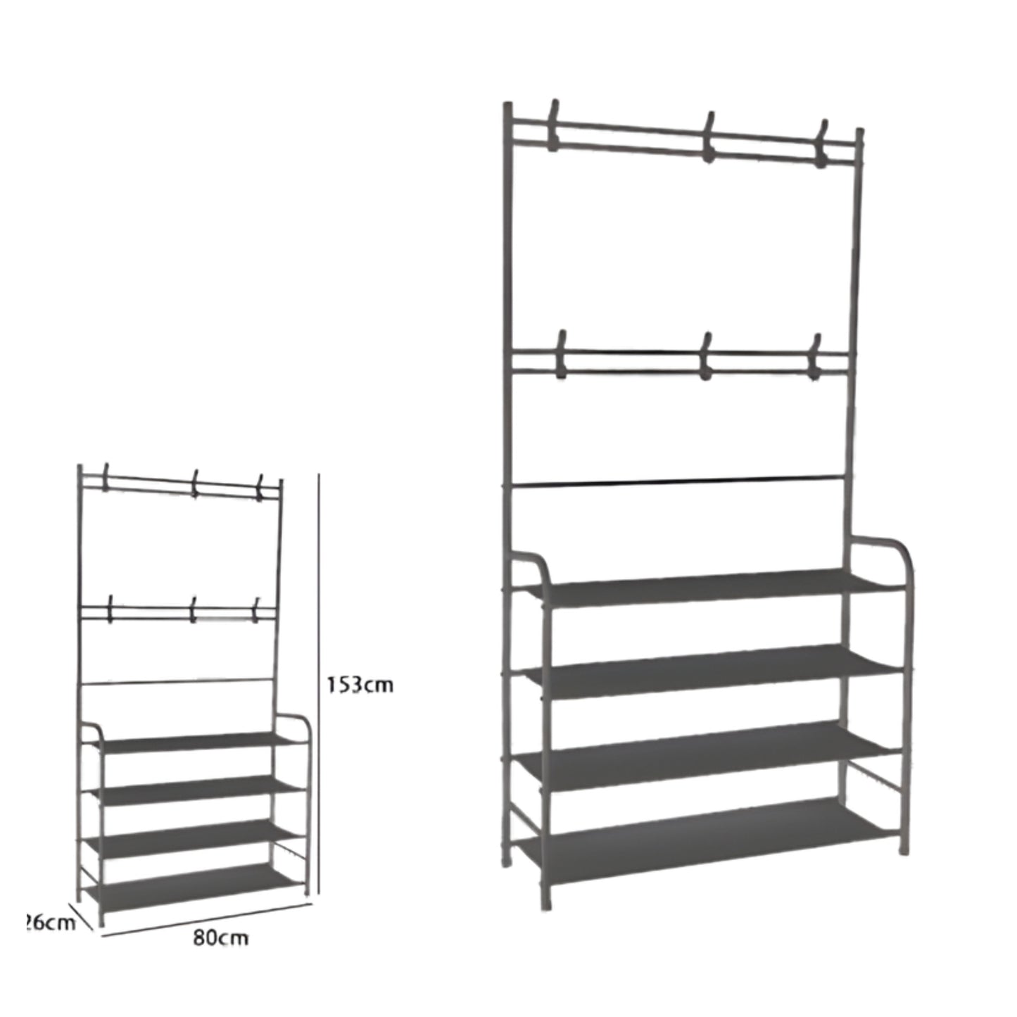 Appendiabiti Multifunzionale con Scarpiera a 4 Ripiani, Portabiti con Ganci, Struttura in Metallo 153cm – Organizer Salvaspazio per Ingresso, Camera, Corridoio