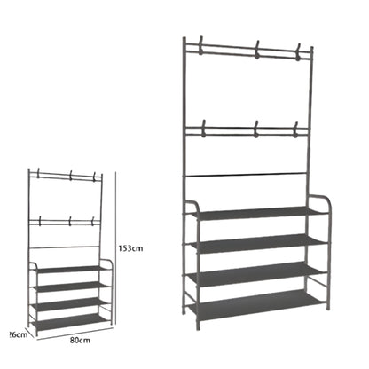 Appendiabiti Multifunzionale con Scarpiera a 4 Ripiani, Portabiti con Ganci, Struttura in Metallo 153cm – Organizer Salvaspazio per Ingresso, Camera, Corridoio