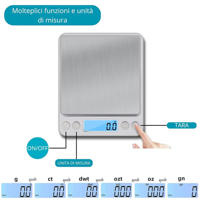 Bilancino di Precisione Digitale 0.1g–3000g con Display LCD, Funzione Tara, Multimisura g/oz/ct – Bilancia Professionale per Cucina, Gioielli, Laboratorio e Diete