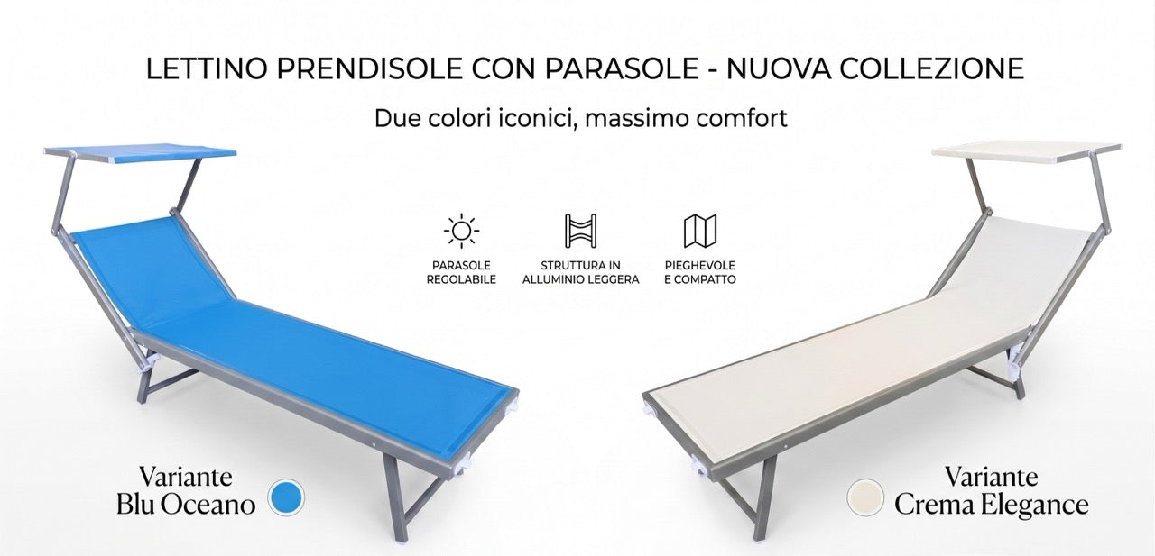 Lettino Prendisole Pieghevole con Parasole Regolabile, Struttura in Alluminio Leggero