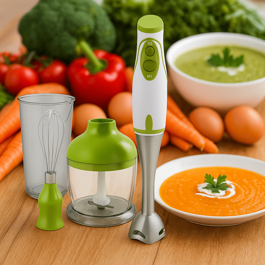Frullatore a Immersione Multifunzione 3 in 1 – 450W Potente e Silenzioso, Lame in Acciaio Inox, 2 Velocità, con Contenitori e Frusta – Perfetto per Pappe, Salse, Frutta e Verdura
