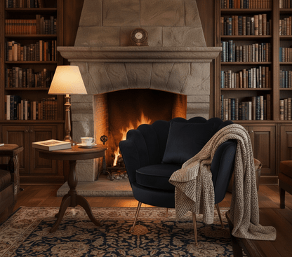 Poltrona Design Conchiglia Velluto Nero + Cuscino. Gambe Metallo Oro. Sedia Imbottita Scalloped Chair per Camera, Angolo Beauty e Salotto. Stile Moderno Vintage. 70x67x75cm