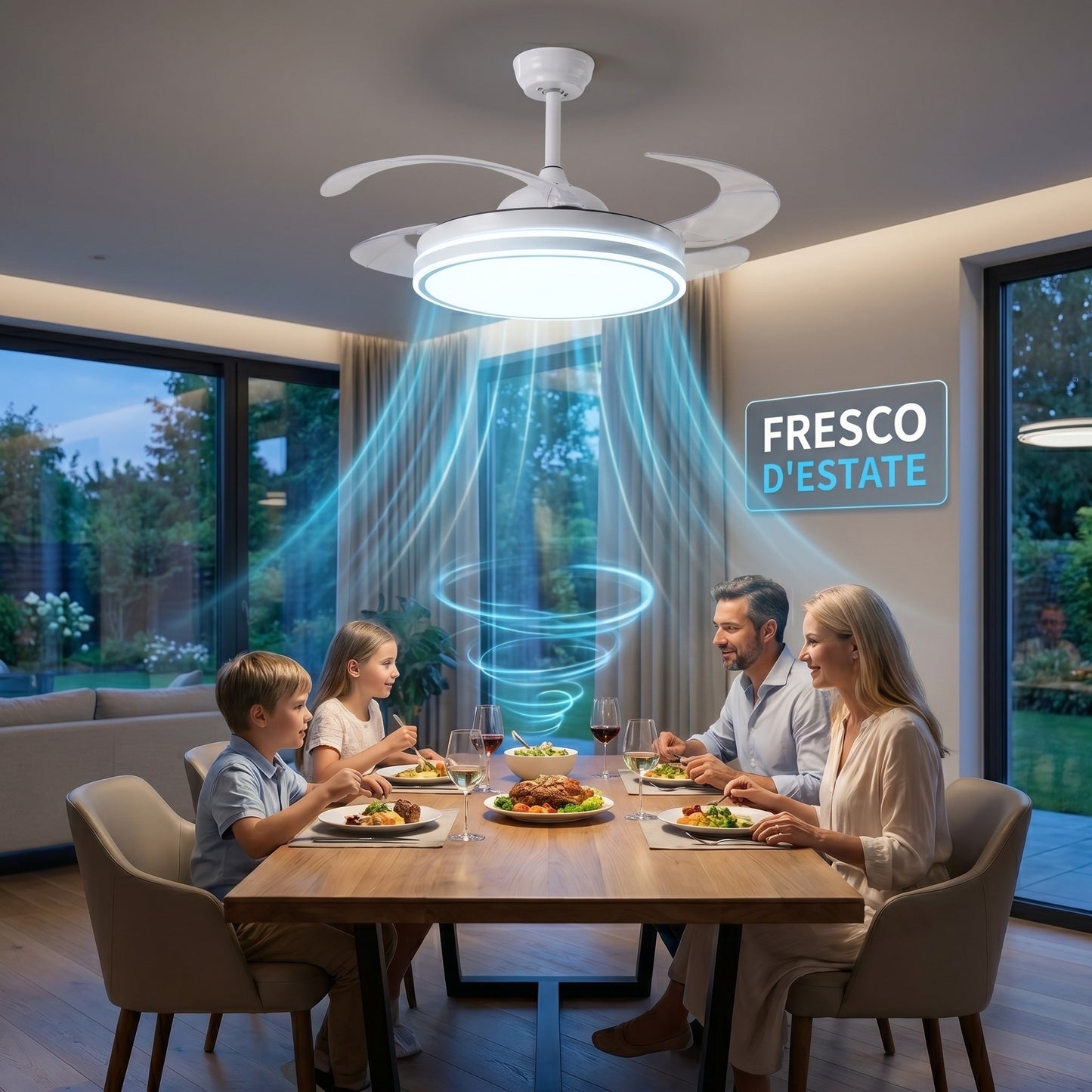 Ventilatore da Soffitto 108 cm con Pale a Scomparsa, Luce LED Dimmerabile e Telecomando - Bianco