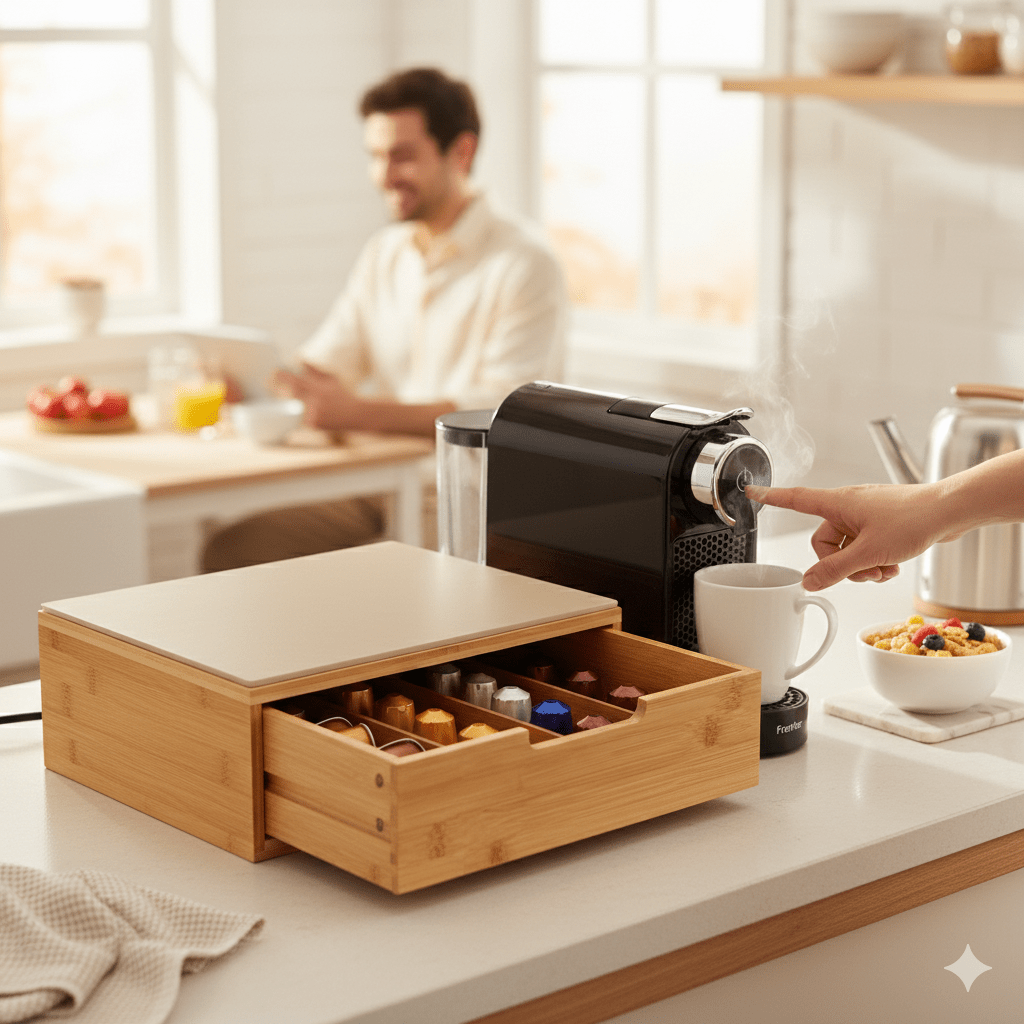 Porta Cialde in Bambù con Cassetto – Organizer Elegante per Cialde, Capsule e Tisane