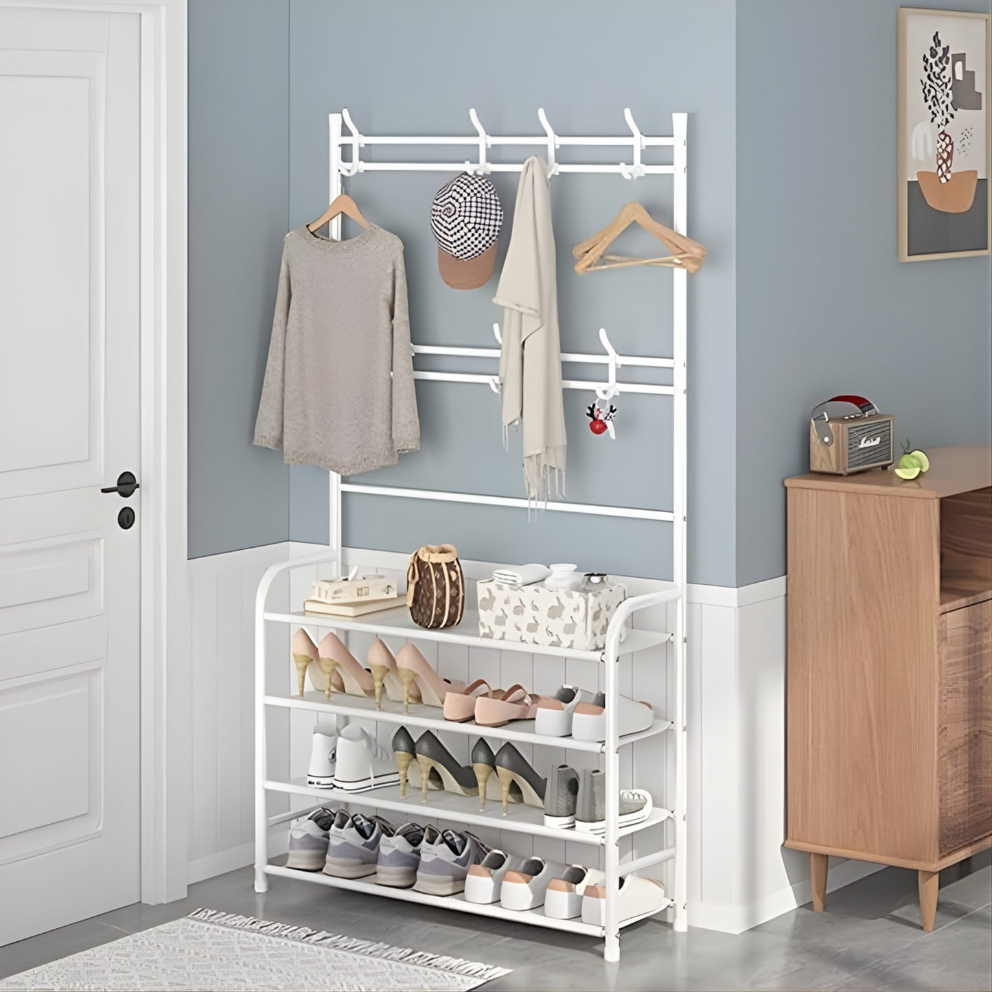 Appendiabiti Multifunzionale con Scarpiera a 4 Ripiani, Portabiti con Ganci, Struttura in Metallo 153cm – Organizer Salvaspazio per Ingresso, Camera, Corridoio