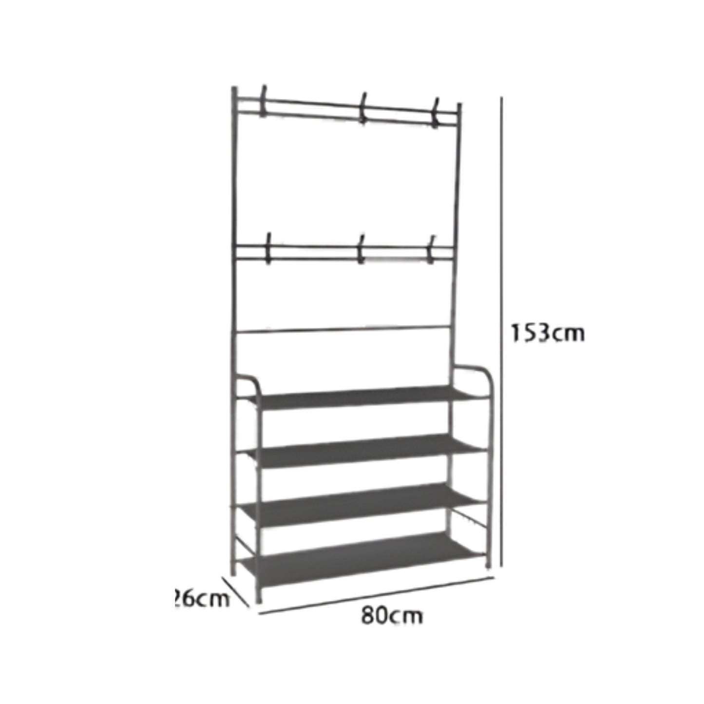 Appendiabiti Multifunzionale con Scarpiera a 4 Ripiani, Portabiti con Ganci, Struttura in Metallo 153cm – Organizer Salvaspazio per Ingresso, Camera, Corridoio