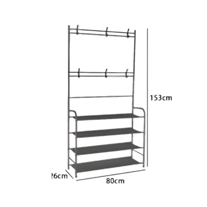 Appendiabiti Multifunzionale con Scarpiera a 4 Ripiani, Portabiti con Ganci, Struttura in Metallo 153cm – Organizer Salvaspazio per Ingresso, Camera, Corridoio