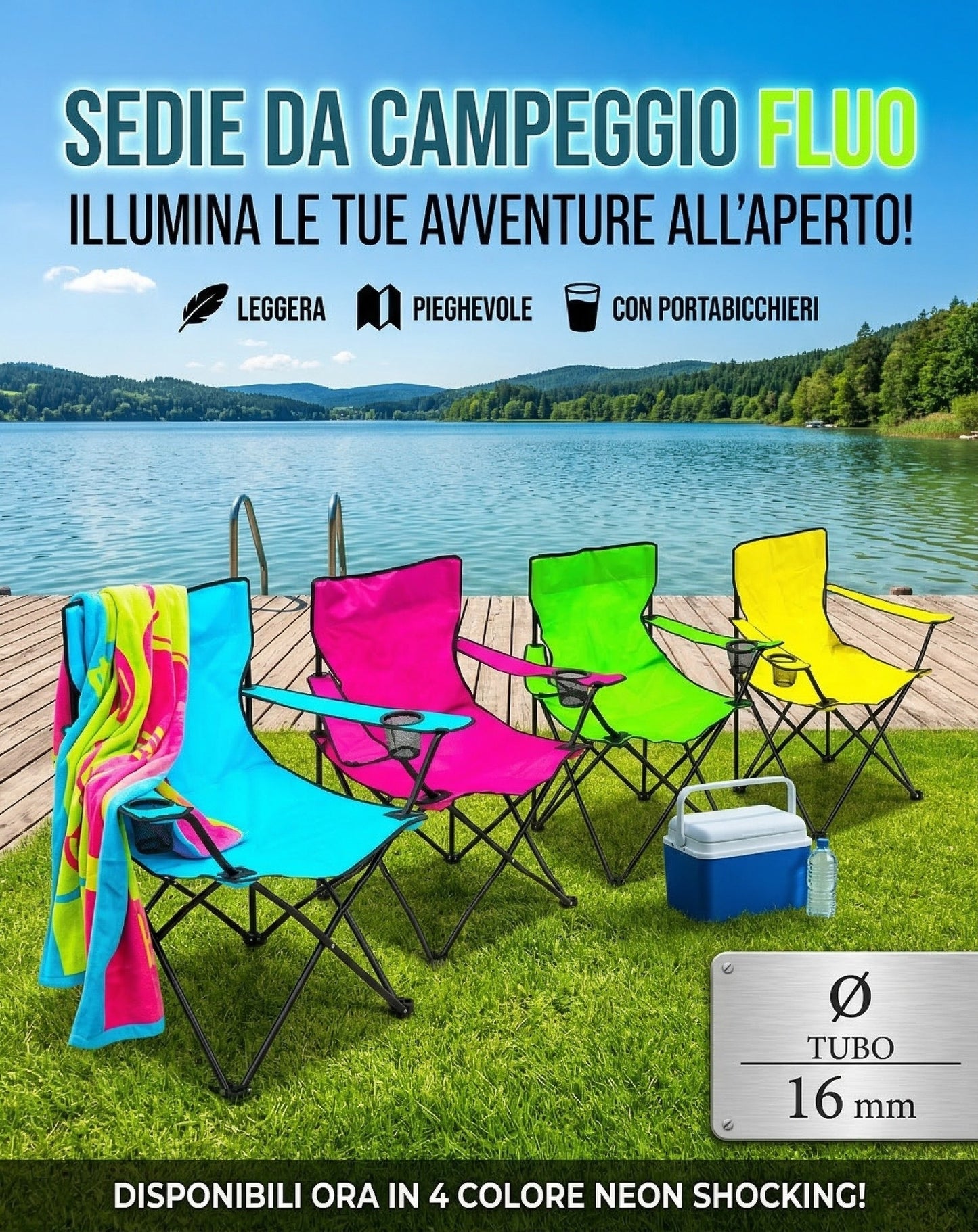 Sedia Pieghevole da Campeggio e Pesca in Poliestere 600D con Braccioli e Sacca