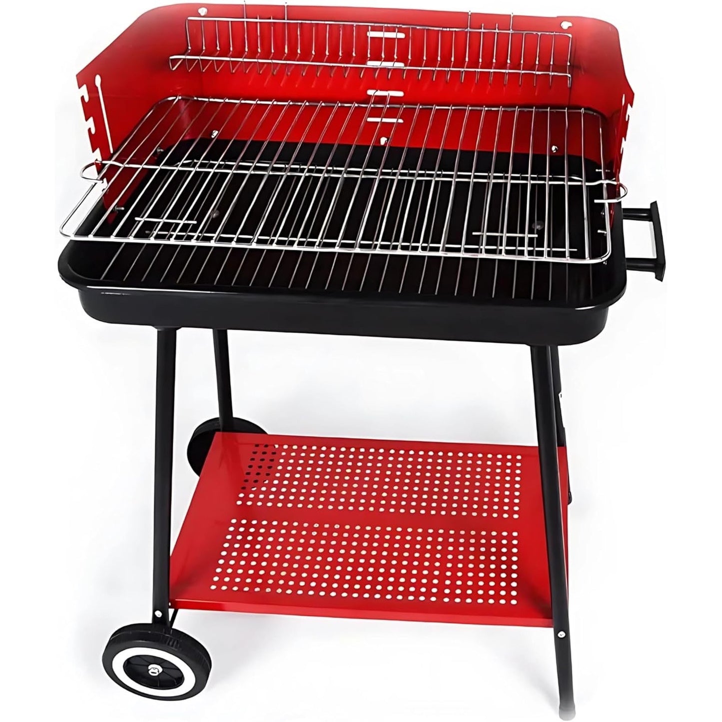 Barbecue a Carbonella Portatile BBQ con Ruote – Griglia in Metallo Resistente Rosso e Nero con Ripiano Laterale, Perfetto per Giardino, Terrazzo e Outdoor, 69 x 45 x 84 cm
