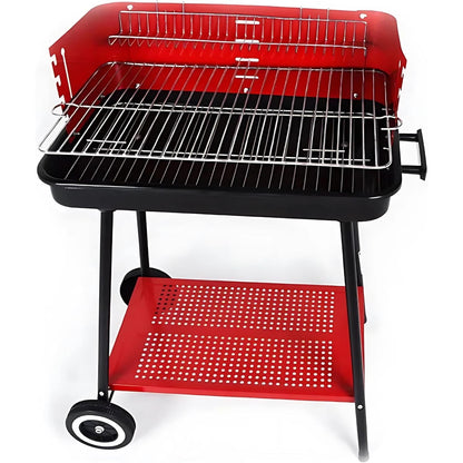Barbecue a Carbonella Portatile BBQ con Ruote – Griglia in Metallo Resistente Rosso e Nero con Ripiano Laterale, Perfetto per Giardino, Terrazzo e Outdoor, 69 x 45 x 84 cm