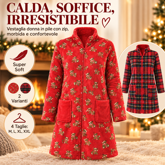Pigiama Natalizio Donna con Zip Intera e Tasche in Caldo Pile Peluche, Tuta Homewear Modello Lungo a Vestaglia, Disponibile in 2 Fantasie, Taglie M-XXL