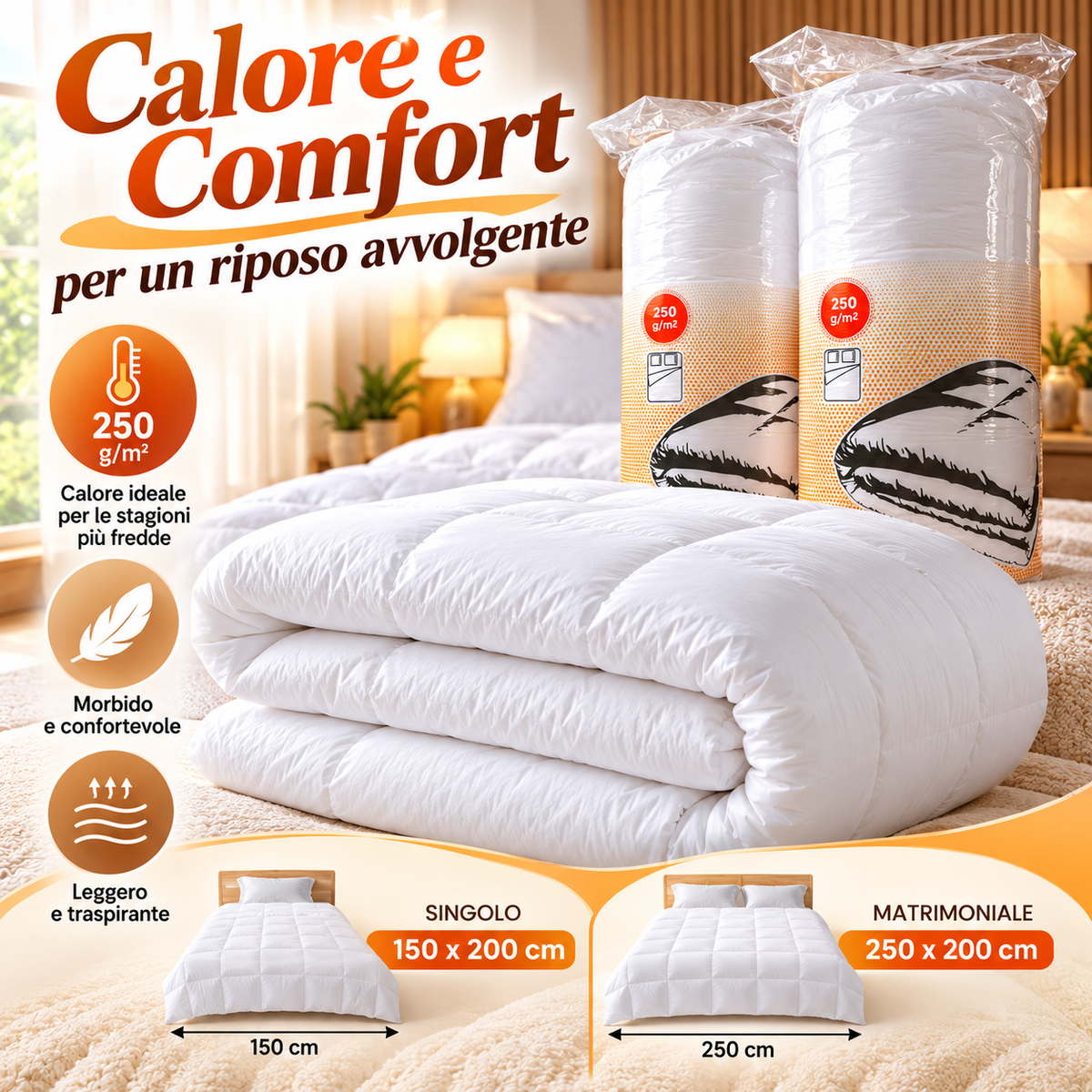 Piumino Invernale Pesante 250 GSM | Trapunta Letto in Soffice Poliestere | Massimo Calore e Comfort | Disponibile Singolo e Matrimoniale