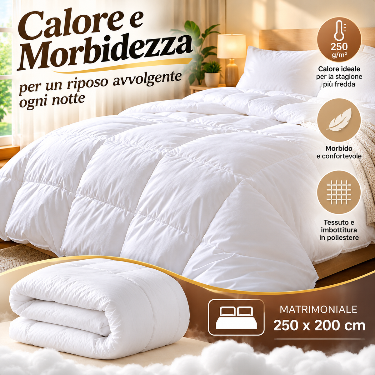 Piumino Invernale Matrimoniale Pesante 250 GSM | Trapunta Letto 250x200 cm in Soffice Poliestere | Massimo Calore e Comfort per la Notte