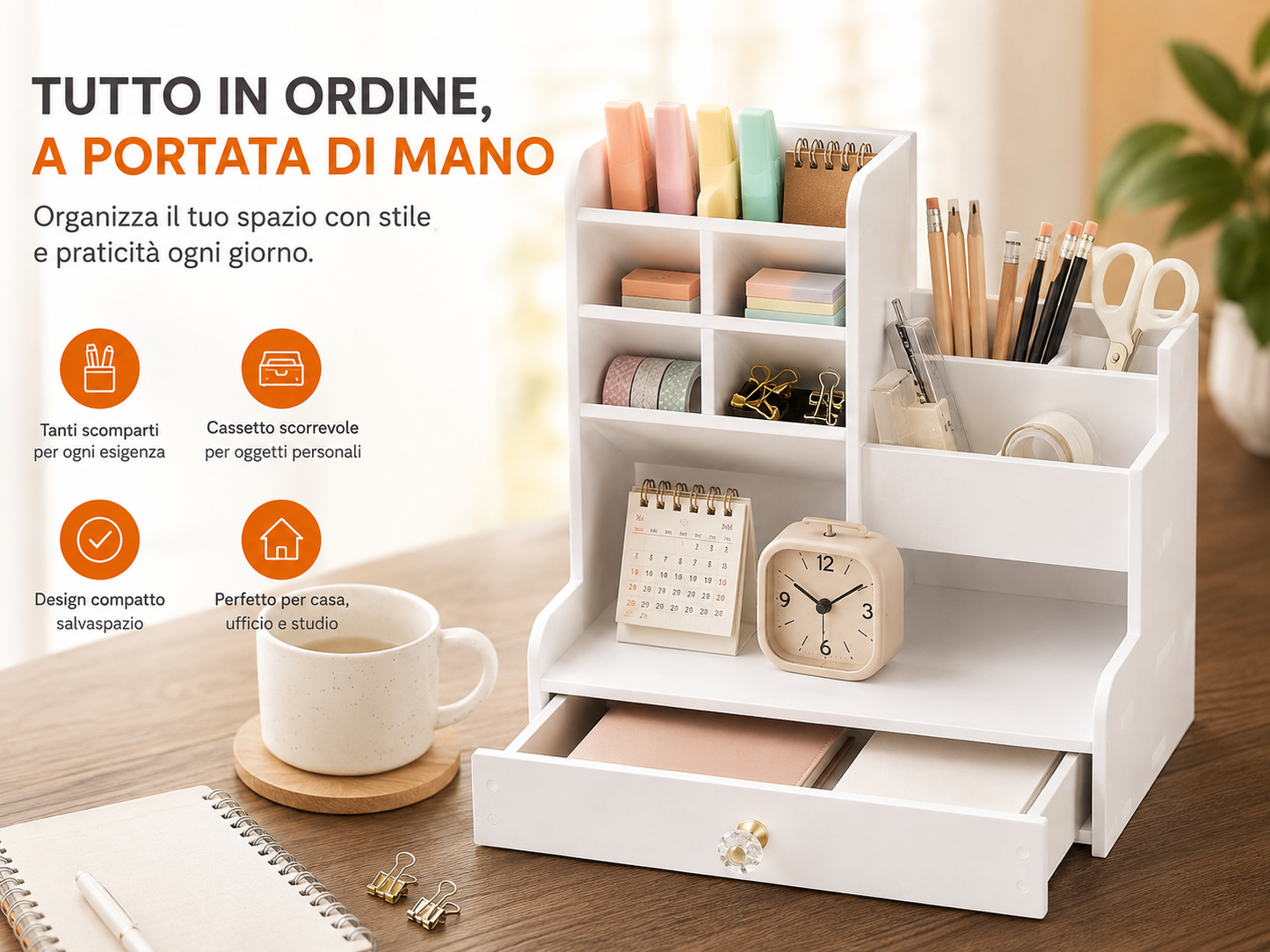 Organizer Multiuso da Scrivania e Porta Trucchi Bianco con Cassetto | 24,5x25,5x15 cm