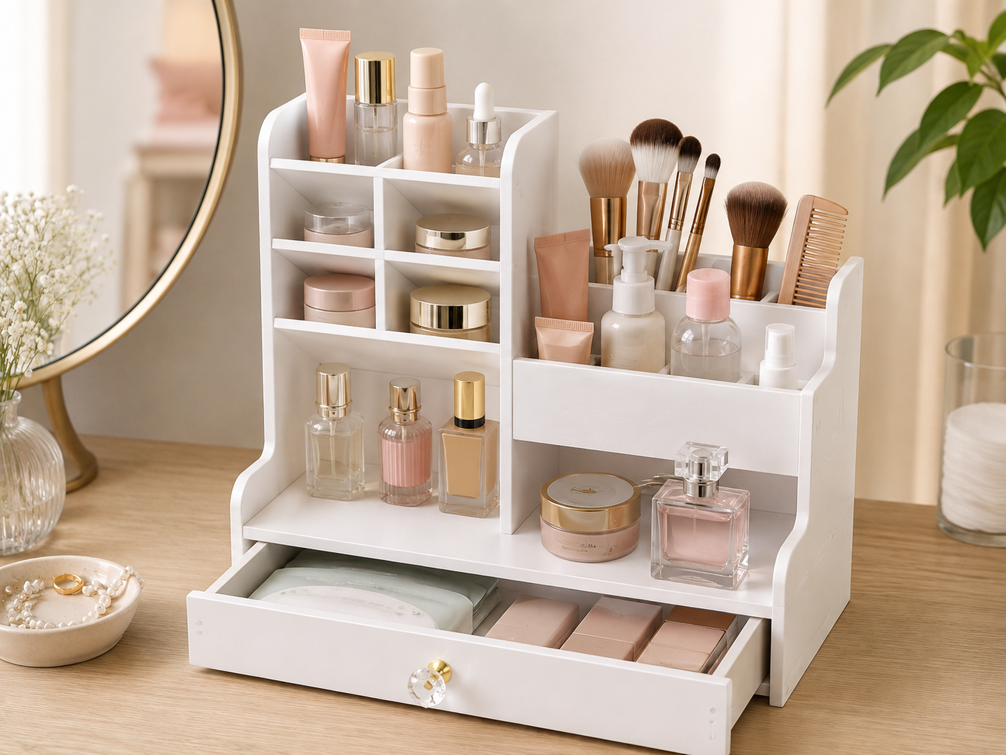 Organizer Multiuso da Scrivania e Porta Trucchi Bianco con Cassetto | 24,5x25,5x15 cm