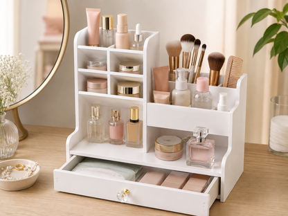 Organizer Multiuso da Scrivania e Porta Trucchi Bianco con Cassetto | 24,5x25,5x15 cm