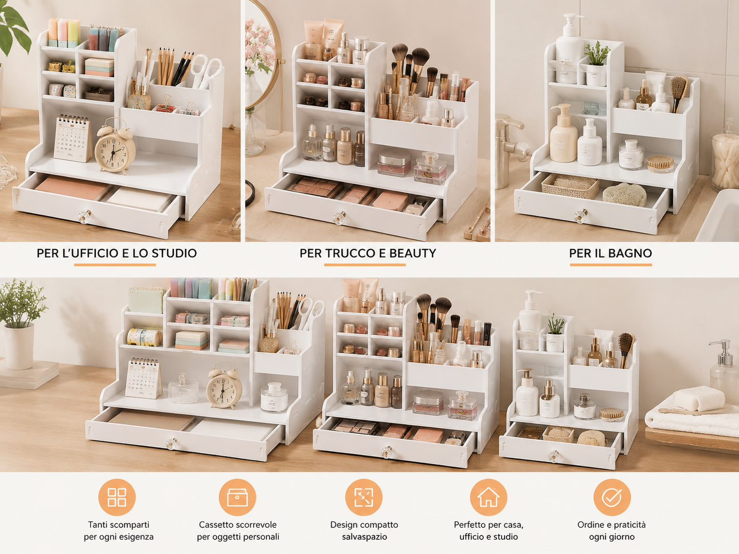 Organizer Multiuso da Scrivania e Porta Trucchi Bianco con Cassetto | 24,5x25,5x15 cm