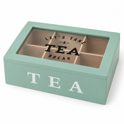 Scatola Porta Tè e Tisane in Legno Verde Salvia con Coperchio in Vetro - 6 Scomparti