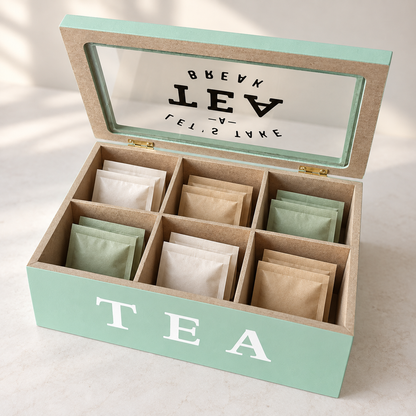 Scatola Porta Tè e Tisane in Legno Verde Salvia con Coperchio in Vetro - 6 Scomparti