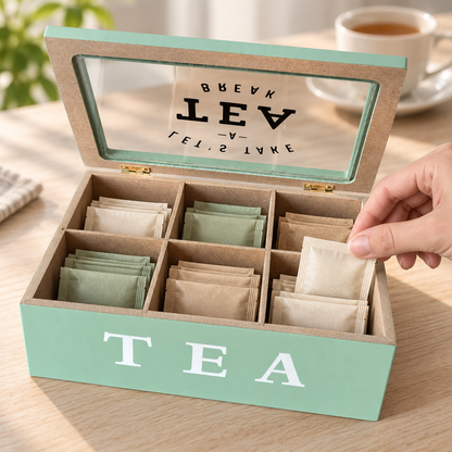 Scatola Porta Tè e Tisane in Legno Verde Salvia con Coperchio in Vetro - 6 Scomparti