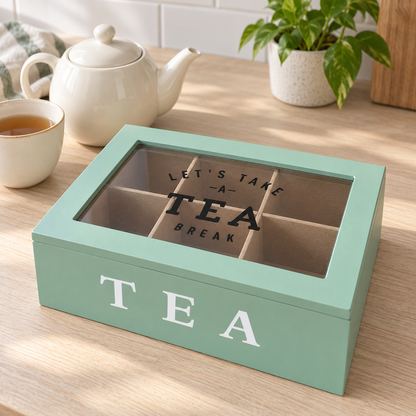 Scatola Porta Tè e Tisane in Legno Verde Salvia con Coperchio in Vetro - 6 Scomparti