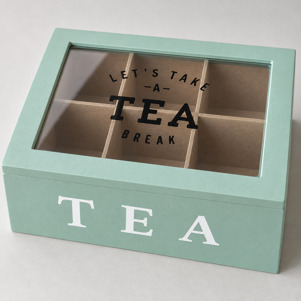 Scatola Porta Tè e Tisane in Legno Verde Salvia con Coperchio in Vetro - 6 Scomparti