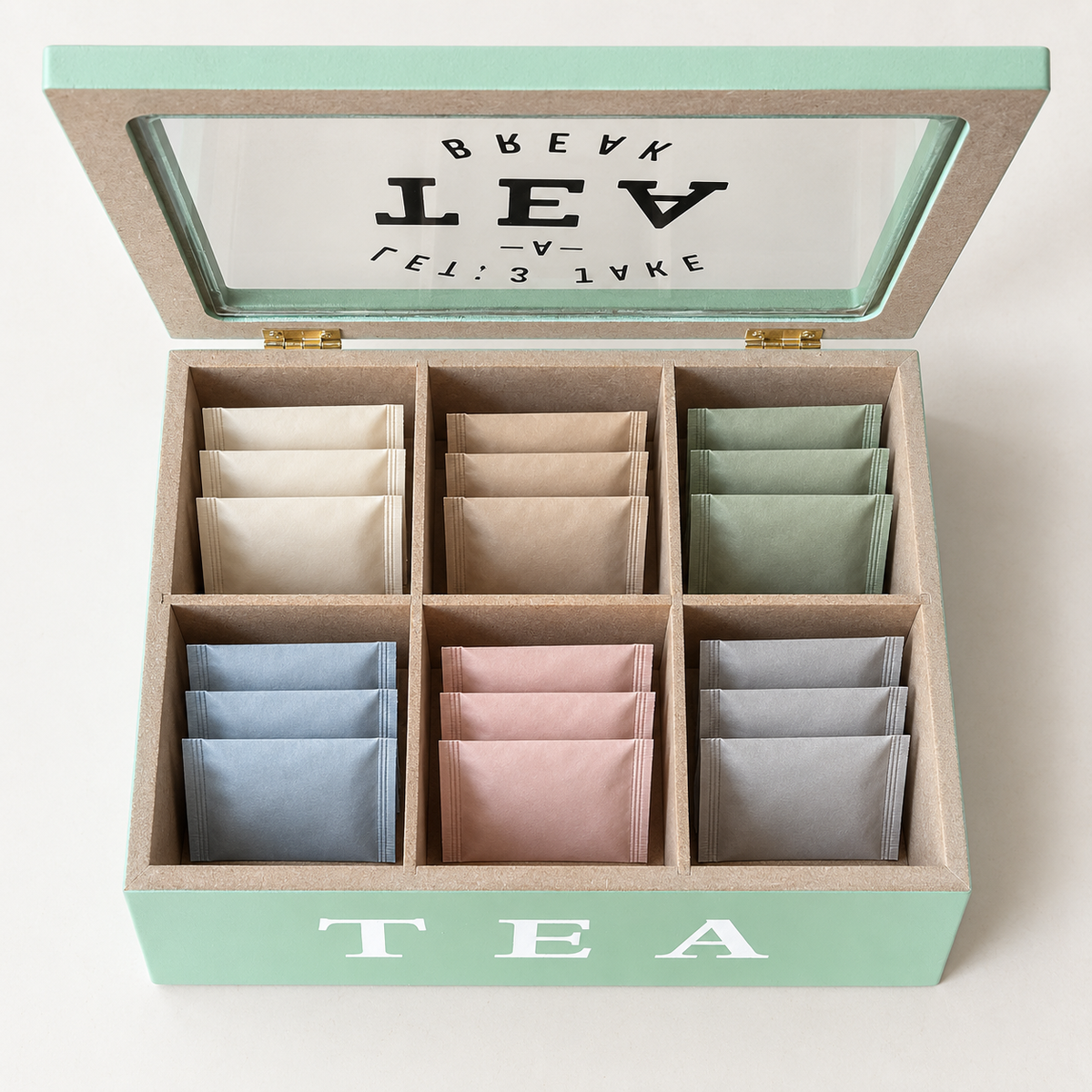 Scatola Porta Tè e Tisane in Legno Verde Salvia con Coperchio in Vetro - 6 Scomparti
