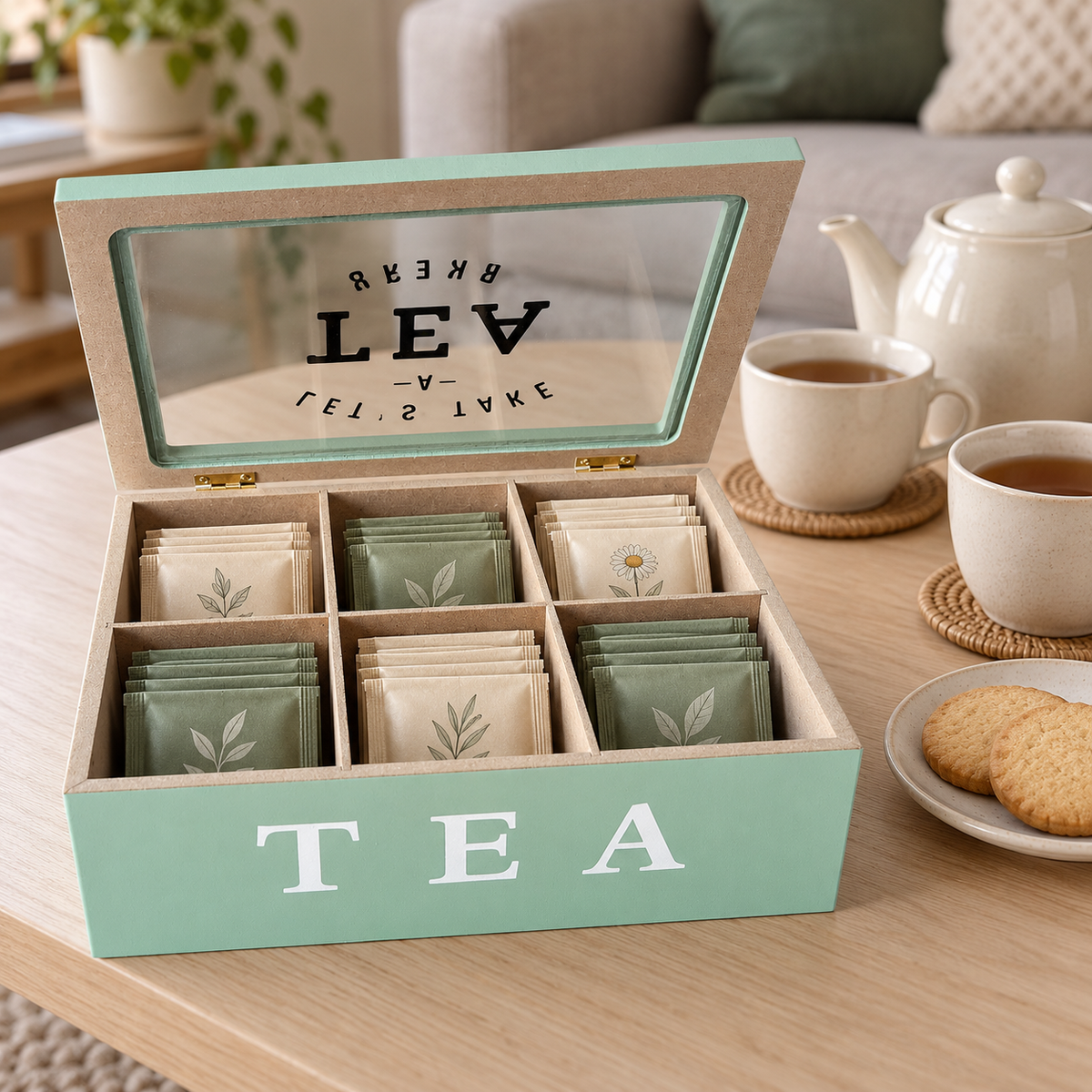 Scatola Porta Tè e Tisane in Legno Verde Salvia con Coperchio in Vetro - 6 Scomparti