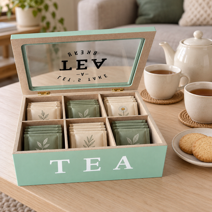 Scatola Porta Tè e Tisane in Legno Verde Salvia con Coperchio in Vetro - 6 Scomparti