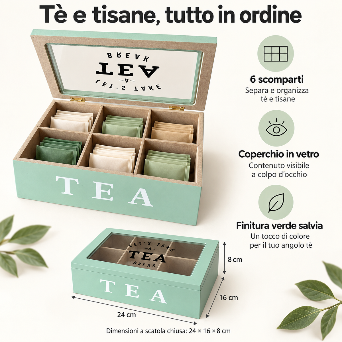 Scatola Porta Tè e Tisane in Legno Verde Salvia con Coperchio in Vetro - 6 Scomparti