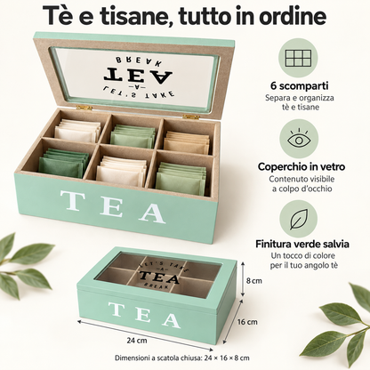 Scatola Porta Tè e Tisane in Legno Verde Salvia con Coperchio in Vetro - 6 Scomparti