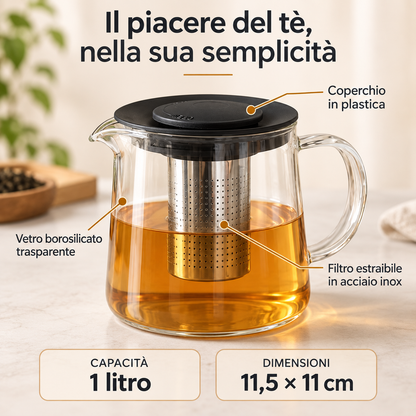 Teiera in Vetro Borosilicato da 1 Litro con Filtro Infusore in Acciaio Inox