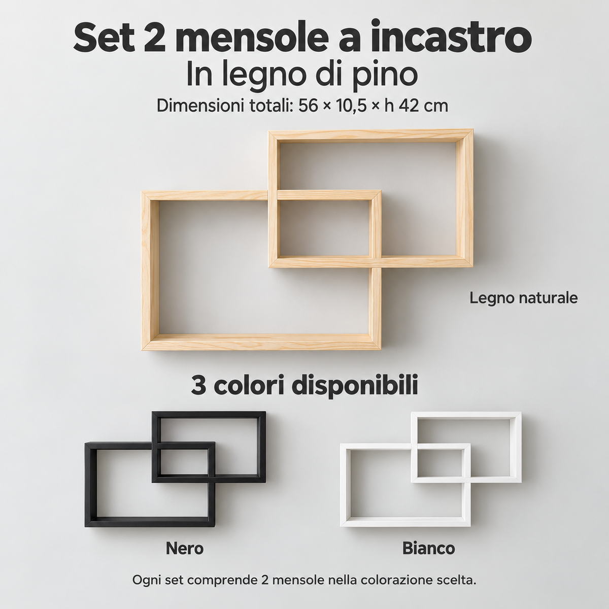 Set 2 Mensole da Parete a Incastro Design Geometrico L 40 cm - 3 Colori Assortiti
