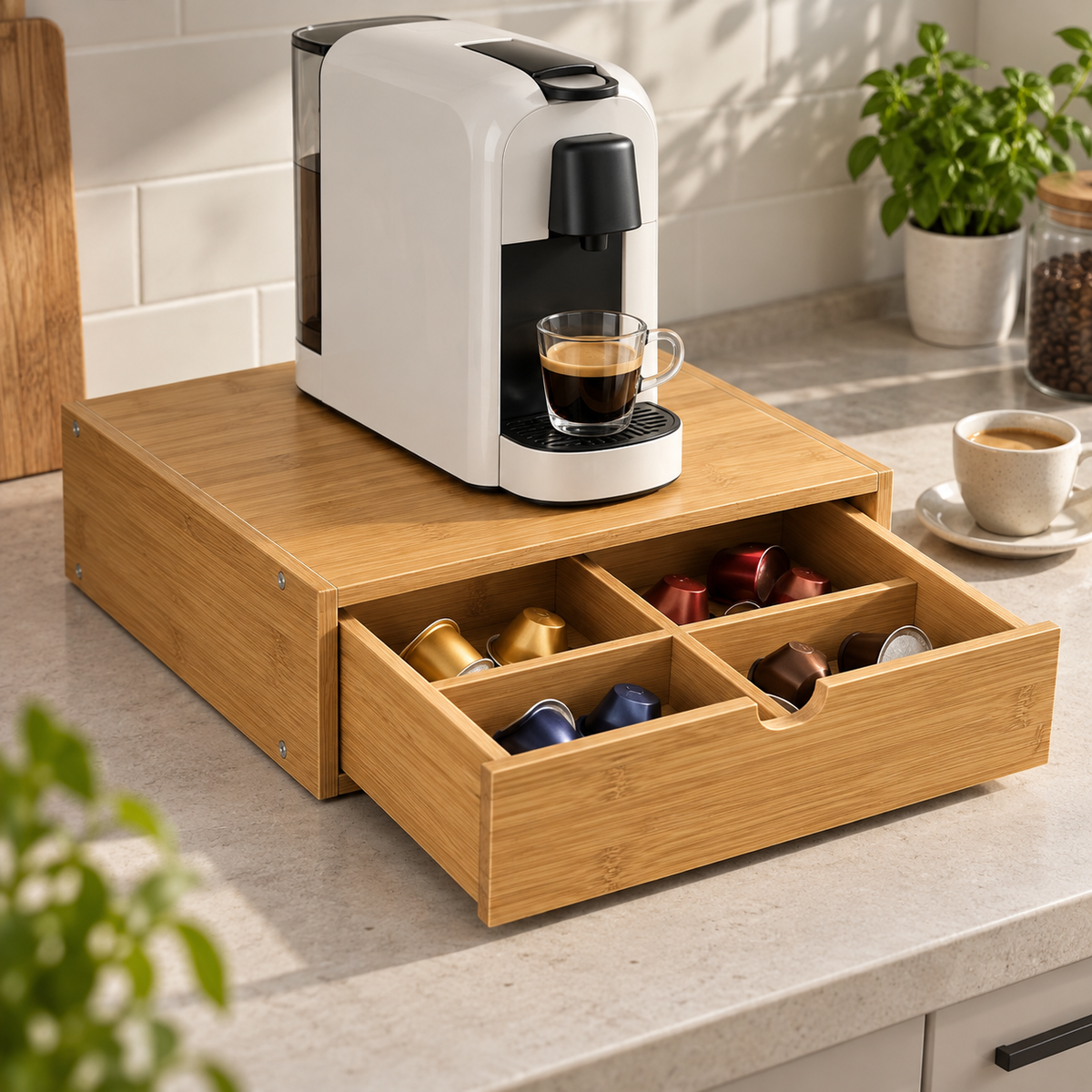Cassetto Porta Capsule in Legno di Bambù con 4 Scomparti - Base Macchina Caffè