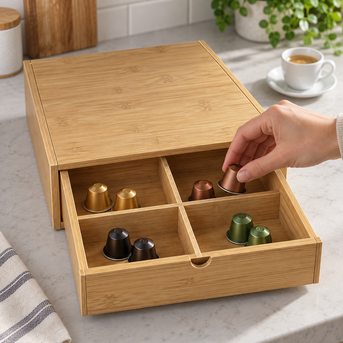 Cassetto Porta Capsule in Legno di Bambù con 4 Scomparti - Base Macchina Caffè