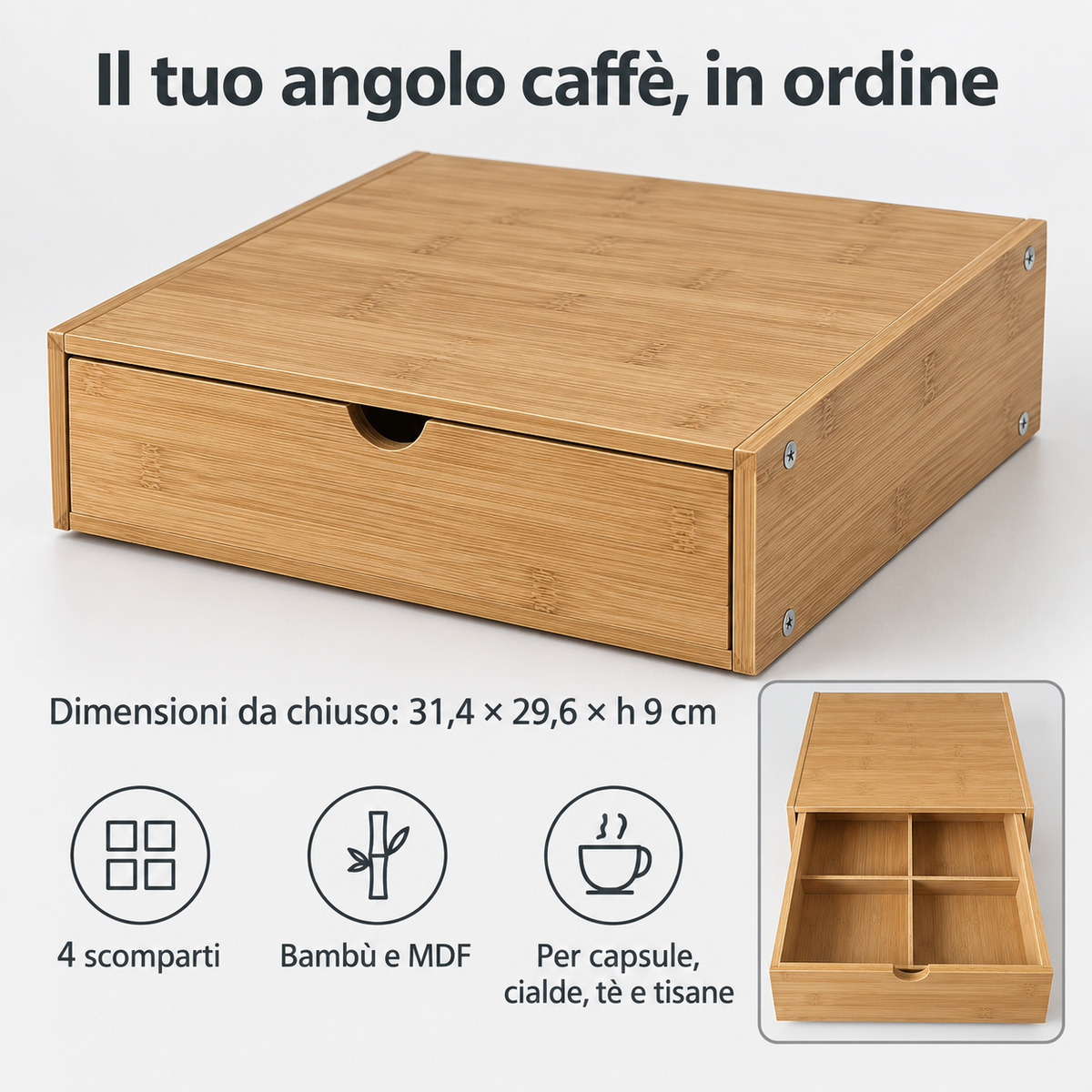 Cassetto Porta Capsule in Legno di Bambù con 4 Scomparti - Base Macchina Caffè