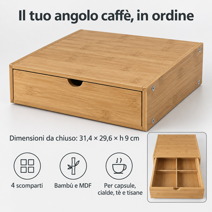 Cassetto Porta Capsule in Legno di Bambù con 4 Scomparti - Base Macchina Caffè
