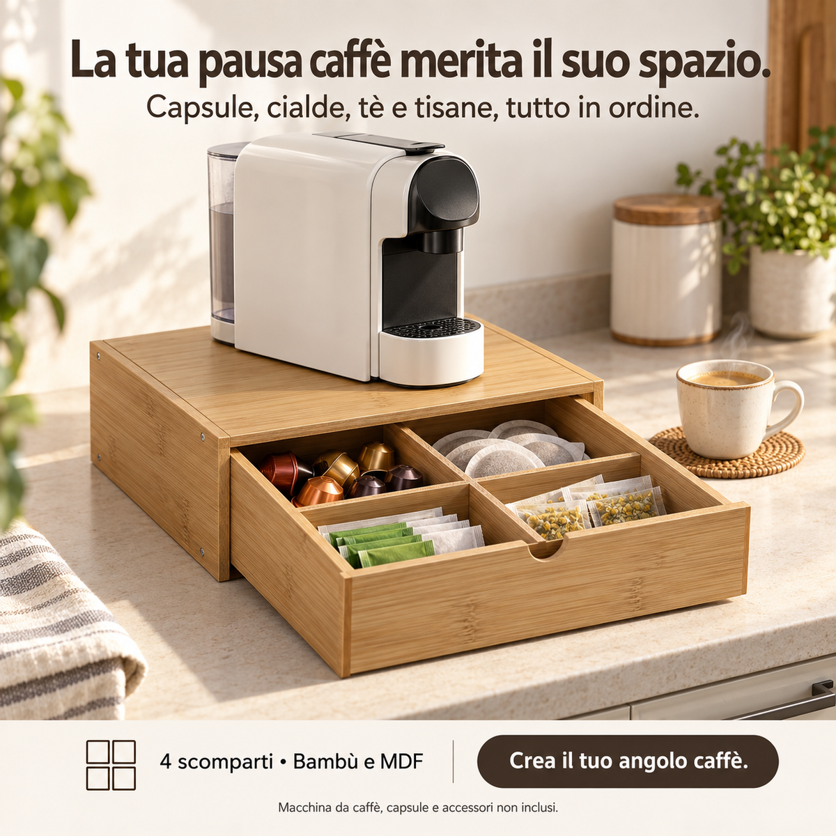 Cassetto Porta Capsule in Legno di Bambù con 4 Scomparti - Base Macchina Caffè
