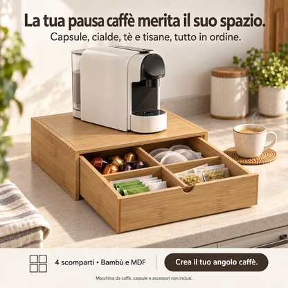 Cassetto Porta Capsule in Legno di Bambù con 4 Scomparti - Base Macchina Caffè